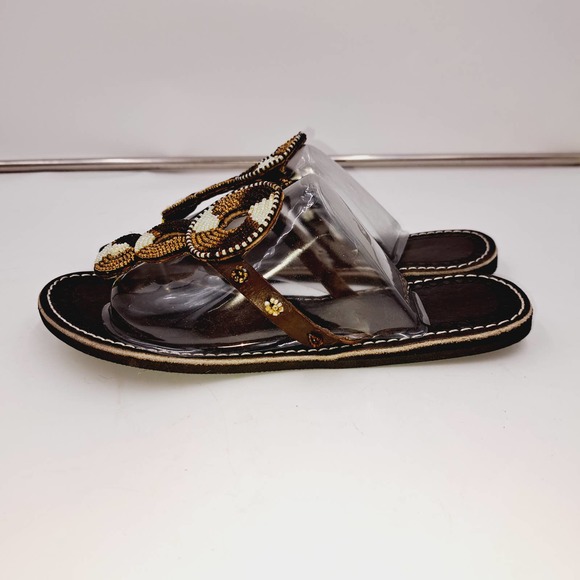Chocolate Brown Boho Handbeaded leather flip flop flat sandals EU 37 US 6.5 9" L - Picture 3 of 8
